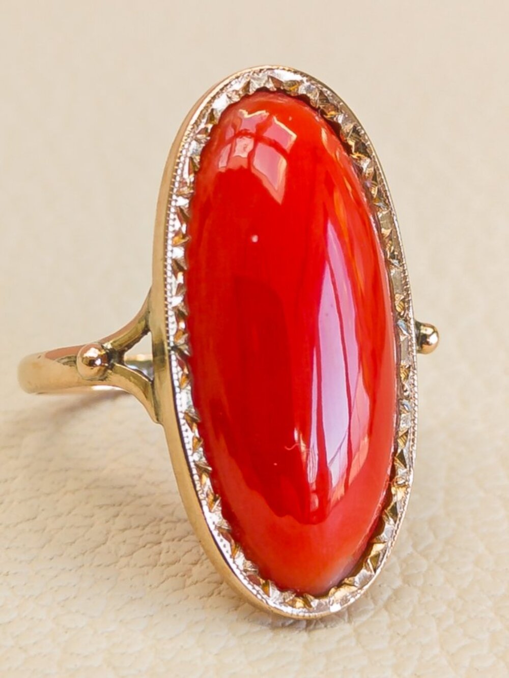 14k Gold Mediterranean Coral Cabochon Ring